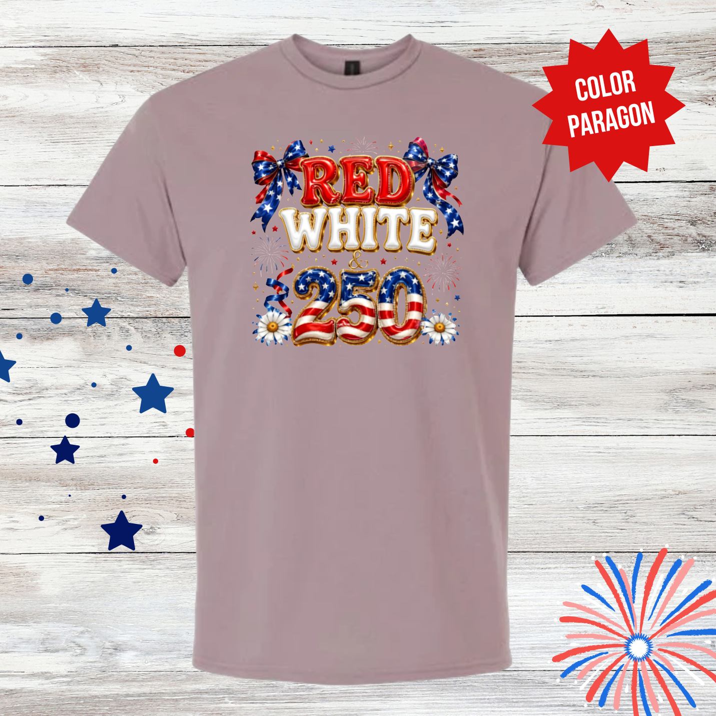 Red White & 250 Shirt | 4th of July Shirt | Patriotic Bow Fireworks Tee | America 250 Celebration T-Shirt | Independence Day Shirt