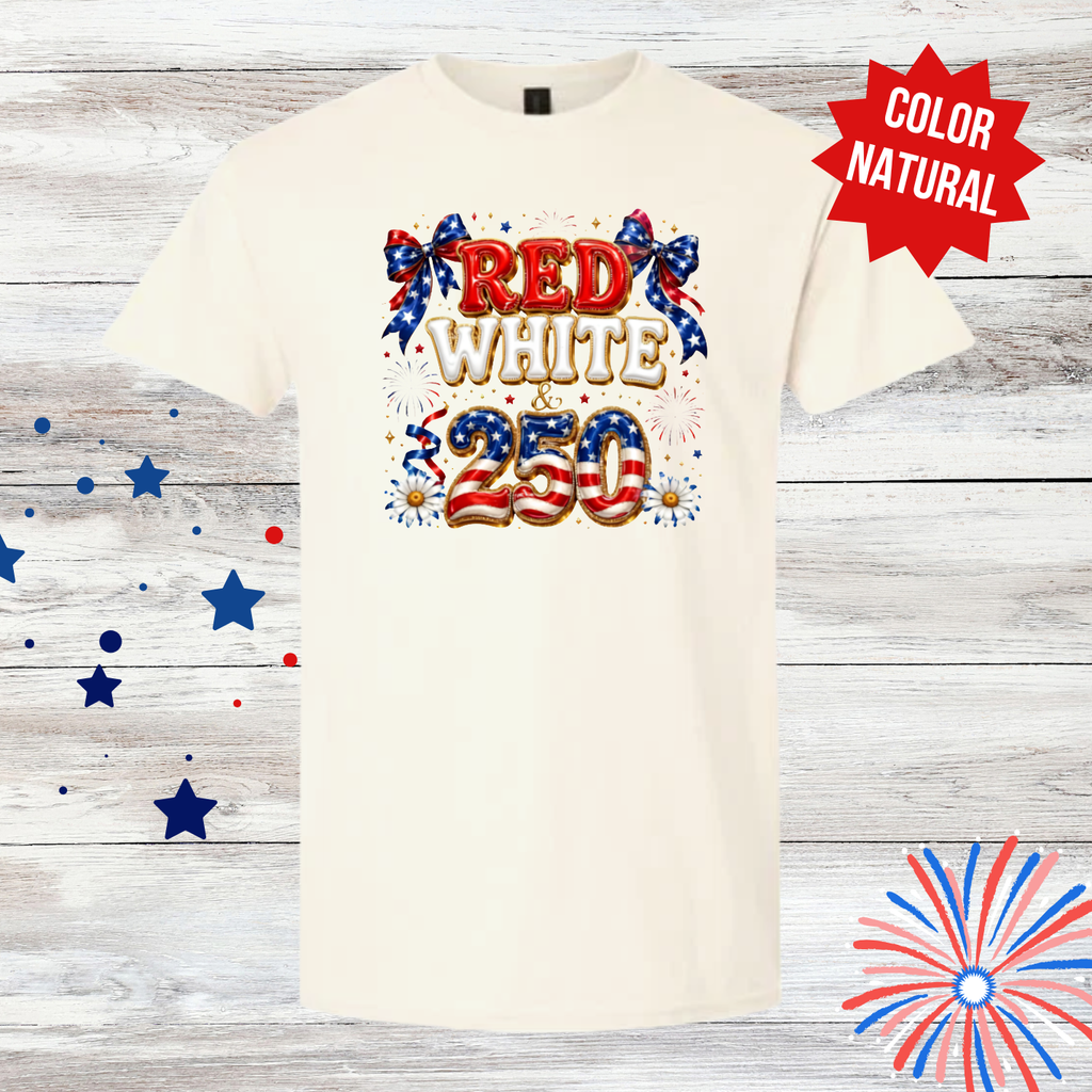 Red White & 250 Shirt | 4th of July Shirt | Patriotic Bow Fireworks Tee | America 250 Celebration T-Shirt | Independence Day Shirt