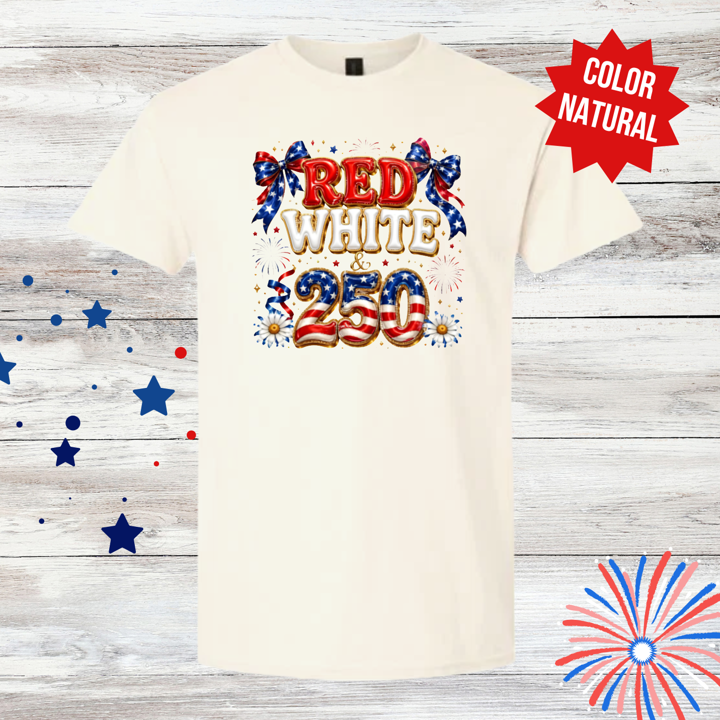 Red White & 250 Shirt | 4th of July Shirt | Patriotic Bow Fireworks Tee | America 250 Celebration T-Shirt | Independence Day Shirt