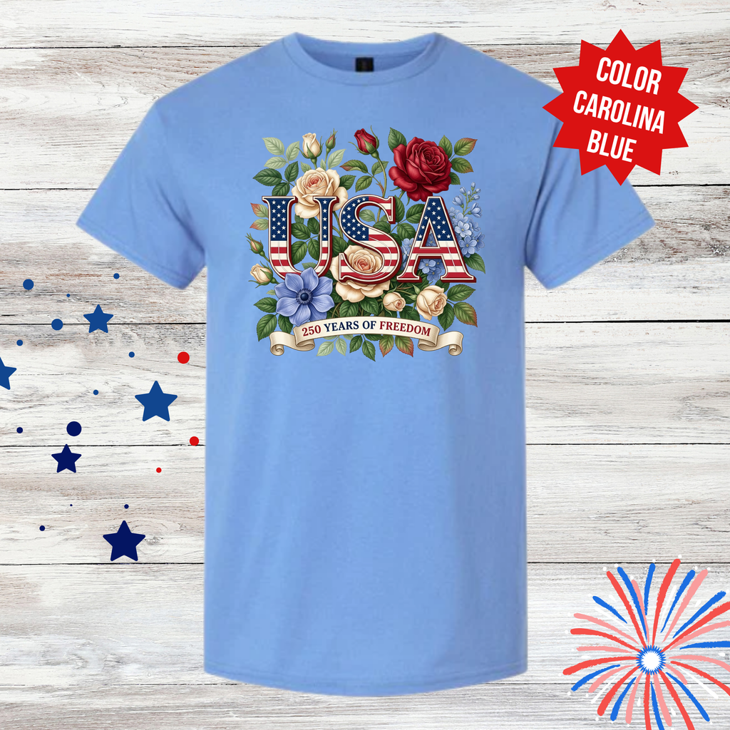 USA 250 Years of Freedom Shirt | Patriotic Floral T-Shirt | America 1776-2026 | Fourth of July Tee | Independence Day Shirt