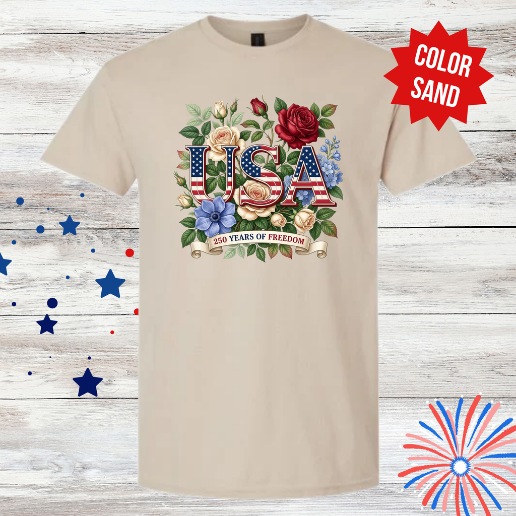 USA 250 Years of Freedom Shirt | Patriotic Floral T-Shirt | America 1776-2026 | Fourth of July Tee | Independence Day Shirt