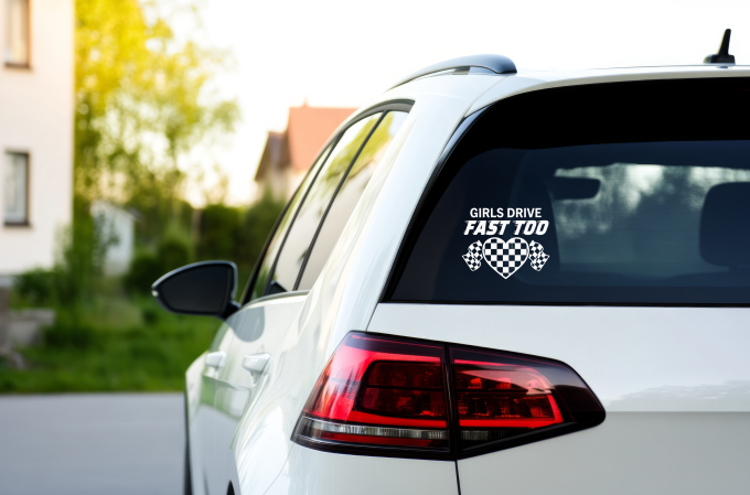 Girls Drive Fast Too Decal | Racing Car Sticker | Checkered Heart Vinyl | Car Window Decal